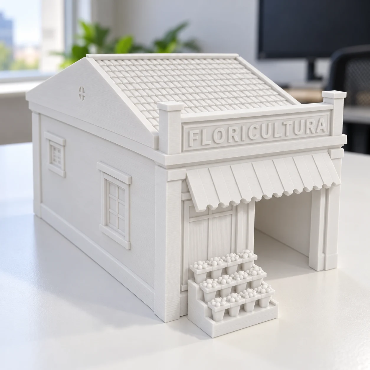 Floricultura em PLA branco, sobre a mesa