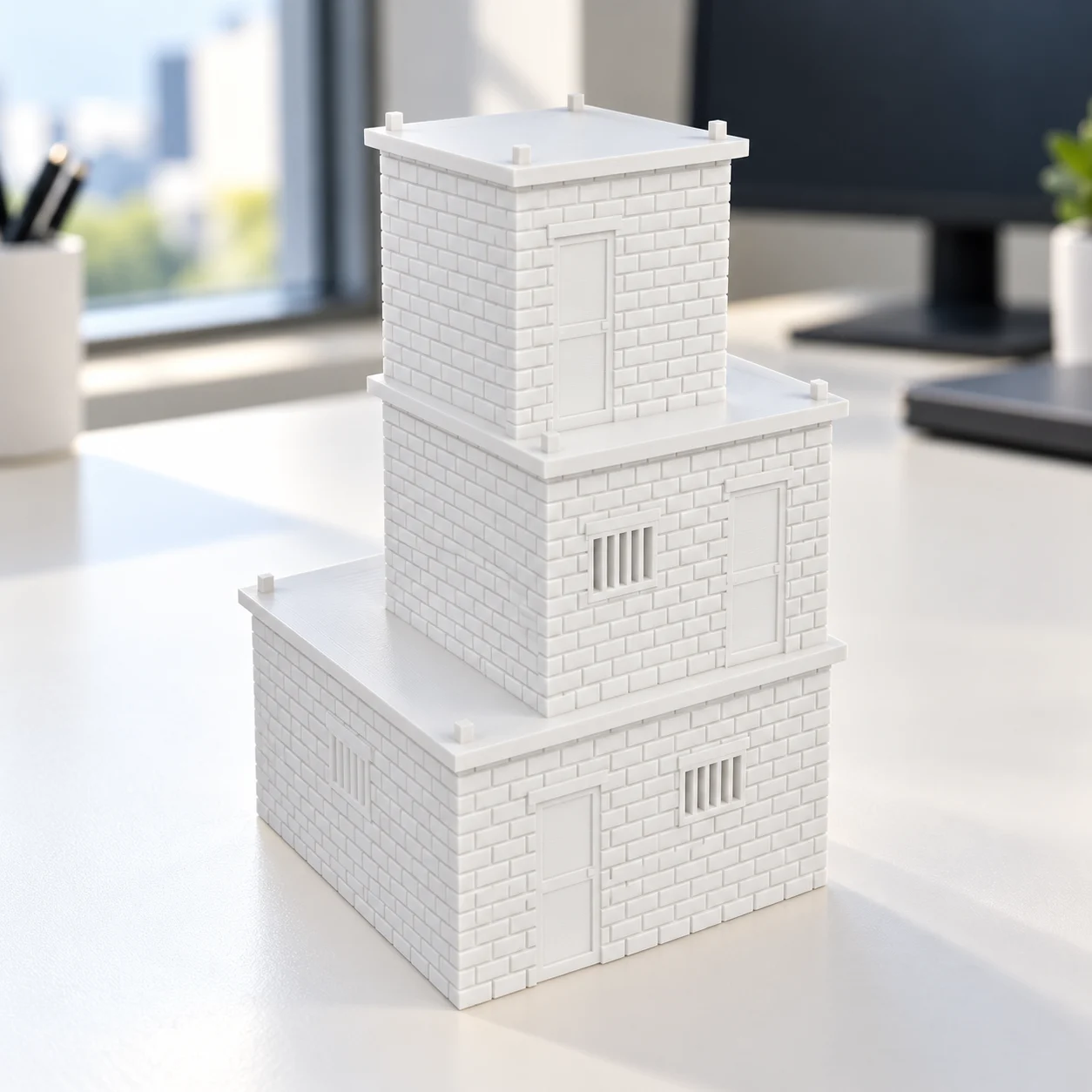 Módulos de casas de bloco (empilháveis) em PLA branco, sobre a mesa