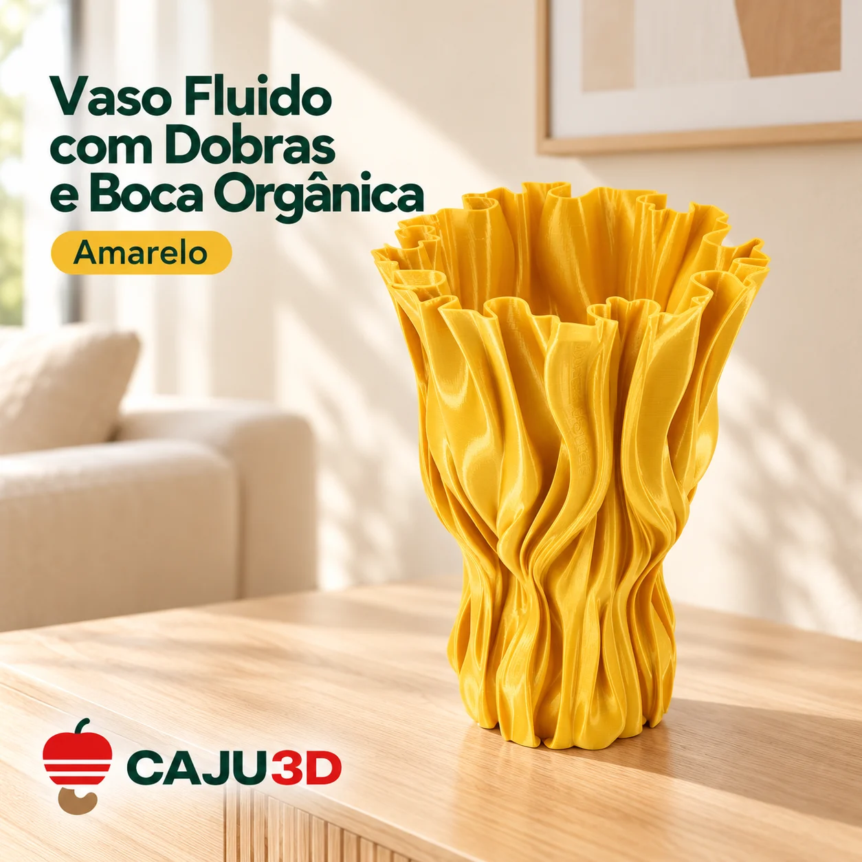 Vaso Fluido com Dobras e Boca Orgânica: foto na cor Amarelo (foto ilustrativa criada com IA)