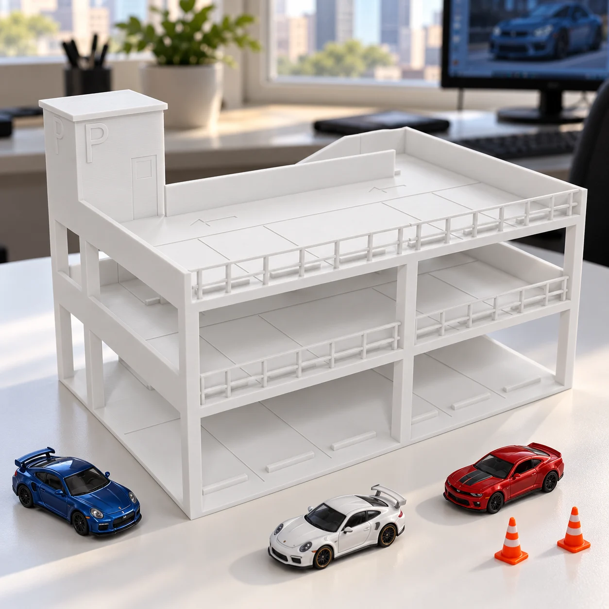Estacionamento vertical (andares) em PLA branco, num diorama