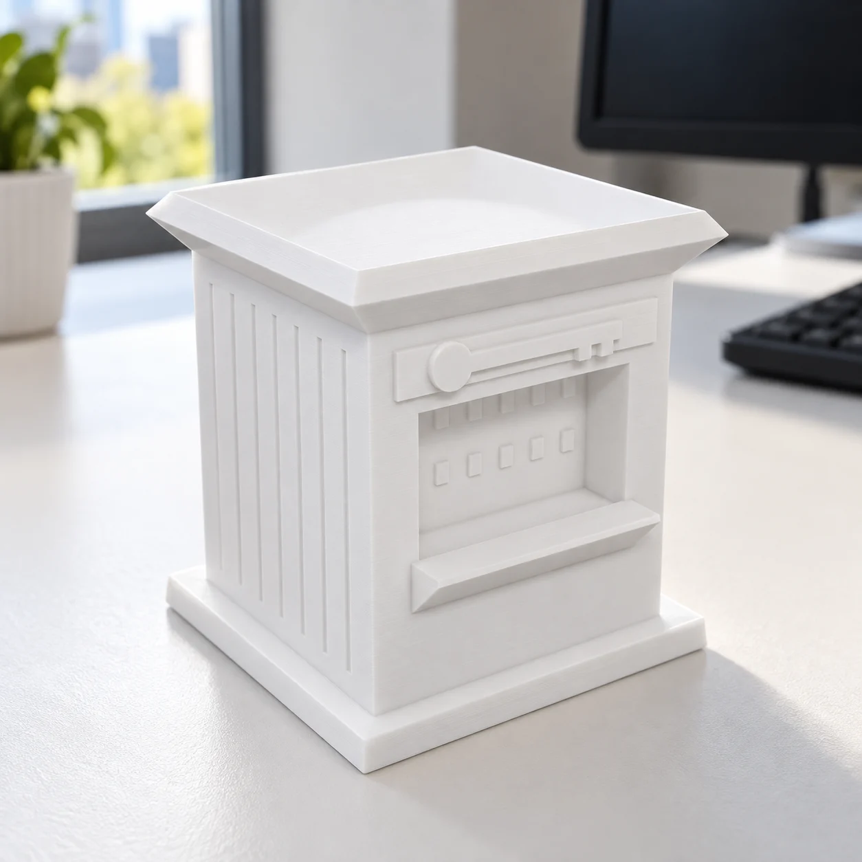 Quiosque de chaveiro e sapateiro em PLA branco, sobre a mesa