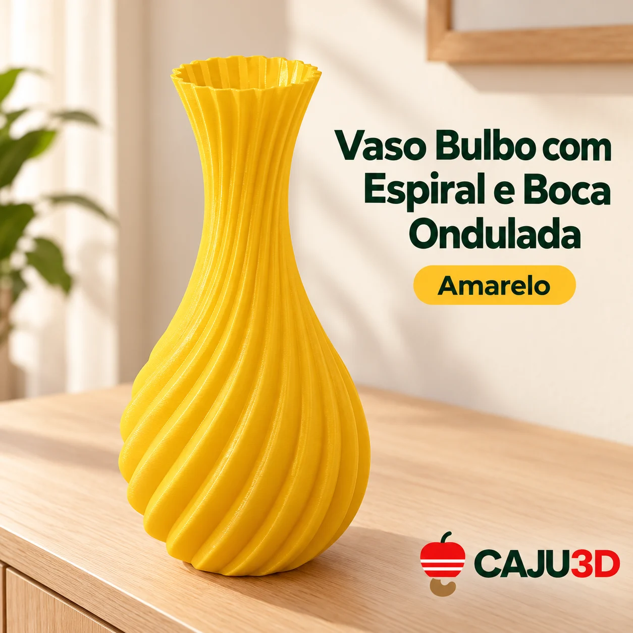 Vaso Bulbo com Espiral e Boca Ondulada: foto na cor Amarelo (foto ilustrativa criada com IA)