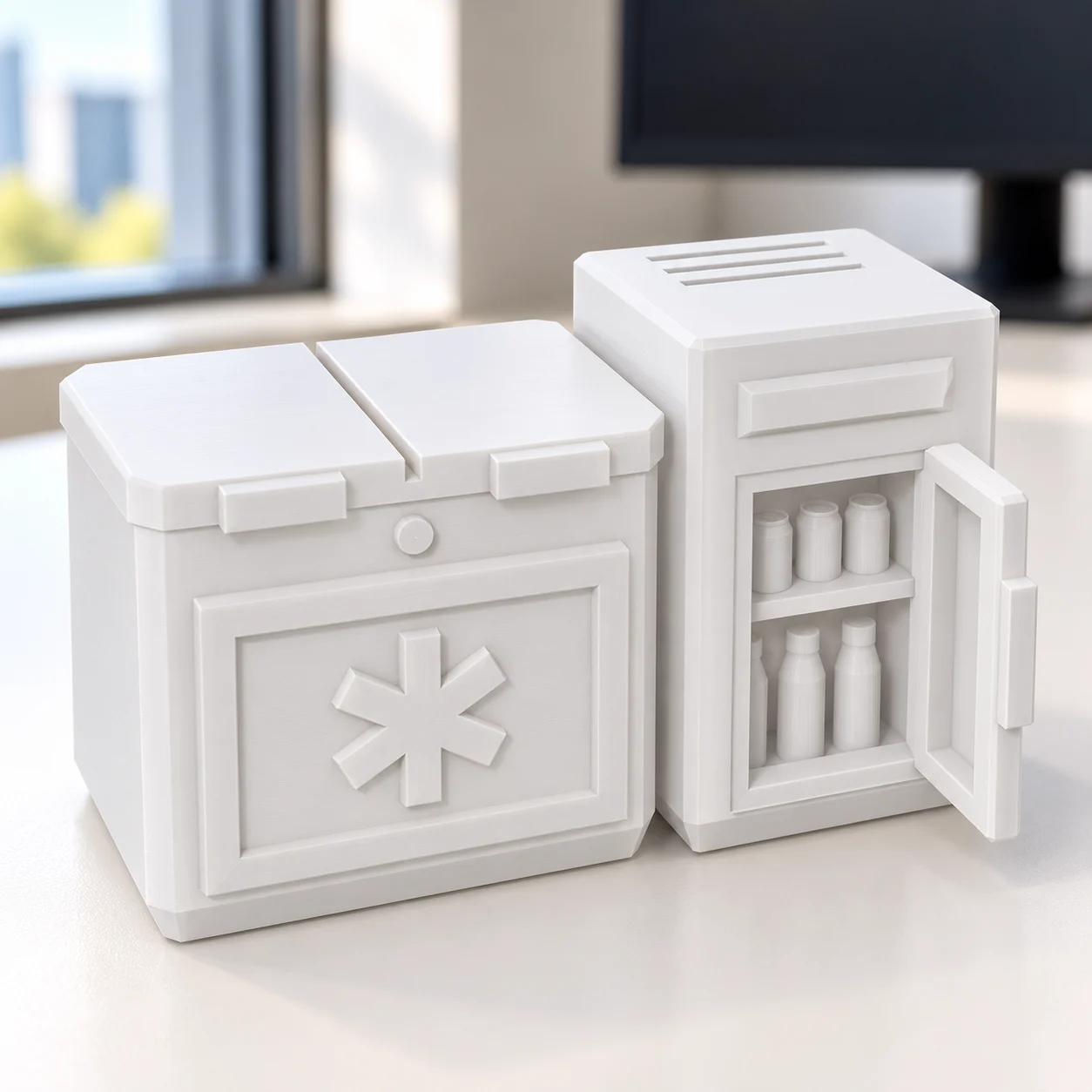 Freezer horizontal e geladeira de bebidas em PLA branco, sobre a mesa