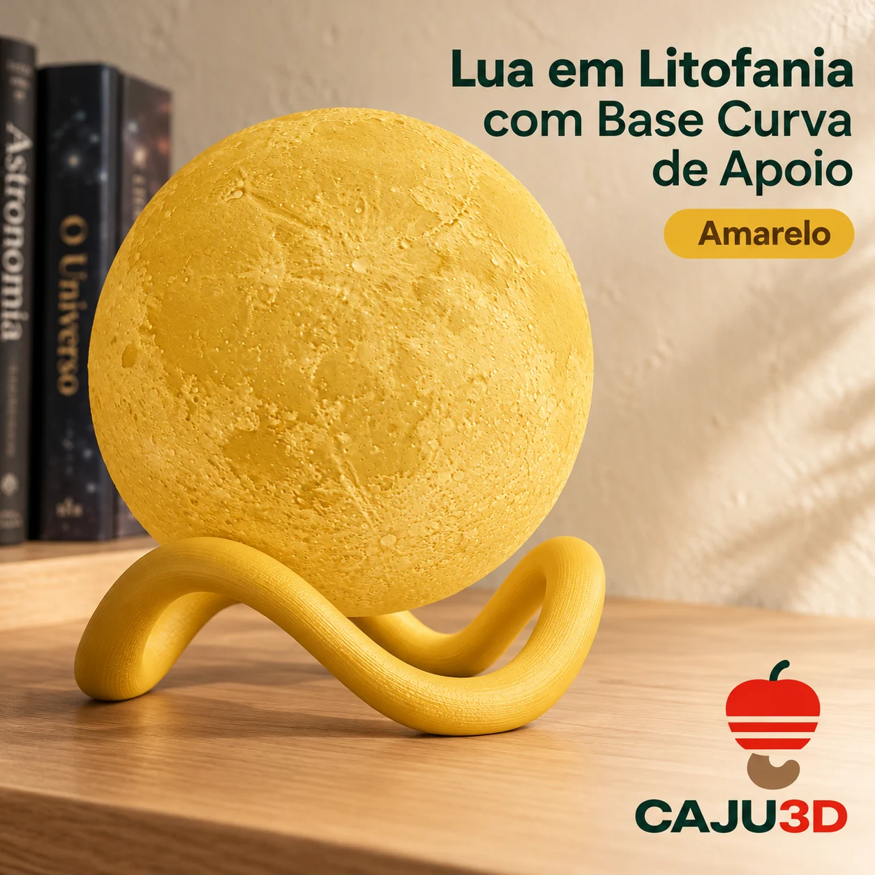Lua em Litofania com Base Curva de Apoio: foto na cor Amarelo (foto ilustrativa criada com IA)
