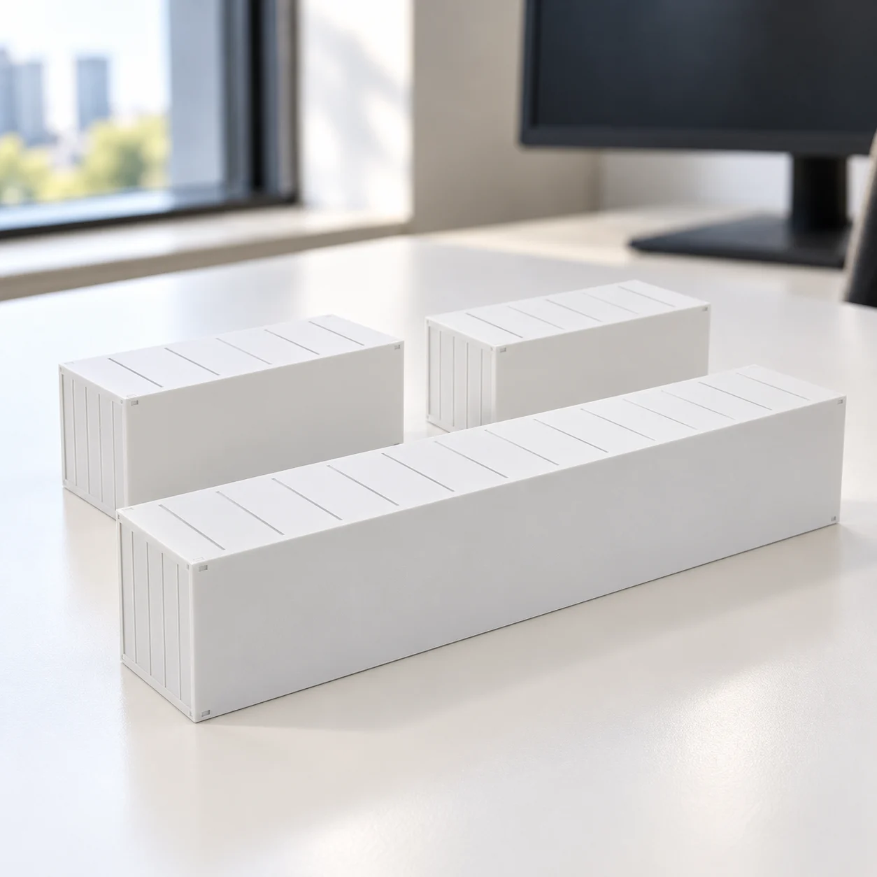 Contêineres 20' e 40' genéricos em PLA branco, sobre a mesa