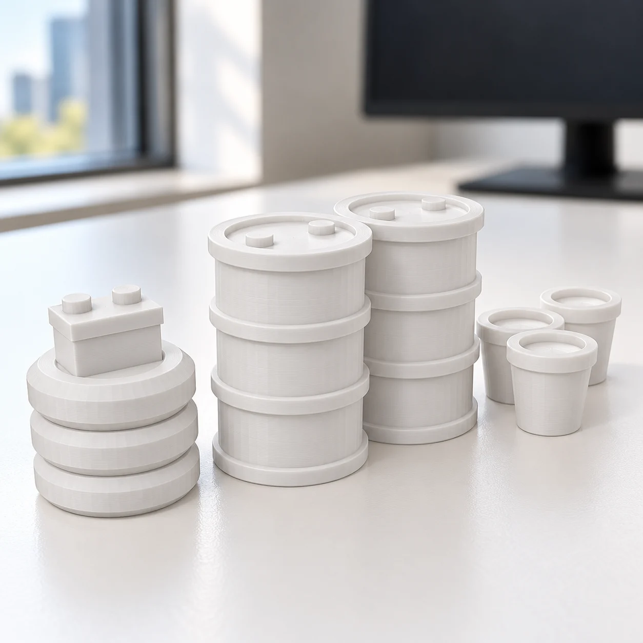 Óleo usado, baldes e sucata (pack) em PLA branco, sobre a mesa