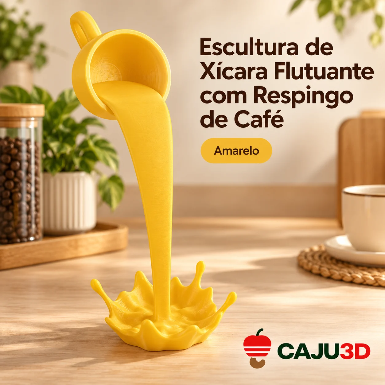 Escultura de Xícara Flutuante com Respingo de Café: foto na cor Amarelo (foto ilustrativa criada com IA)