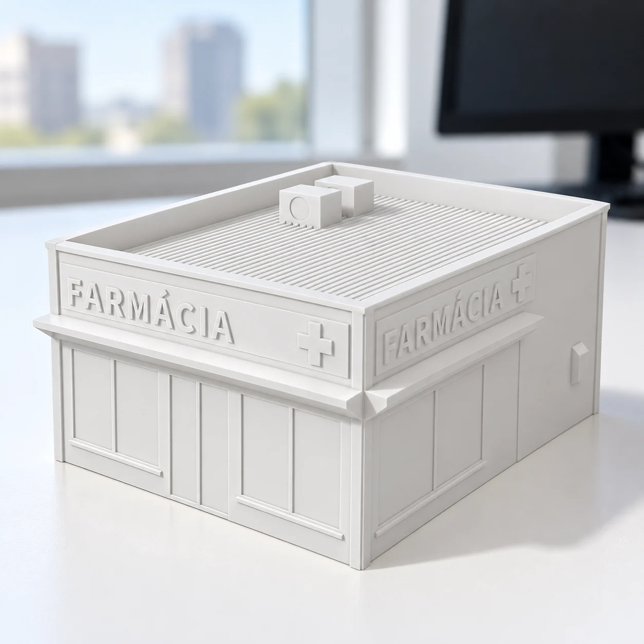 Farmácia de esquina em PLA branco, sobre a mesa