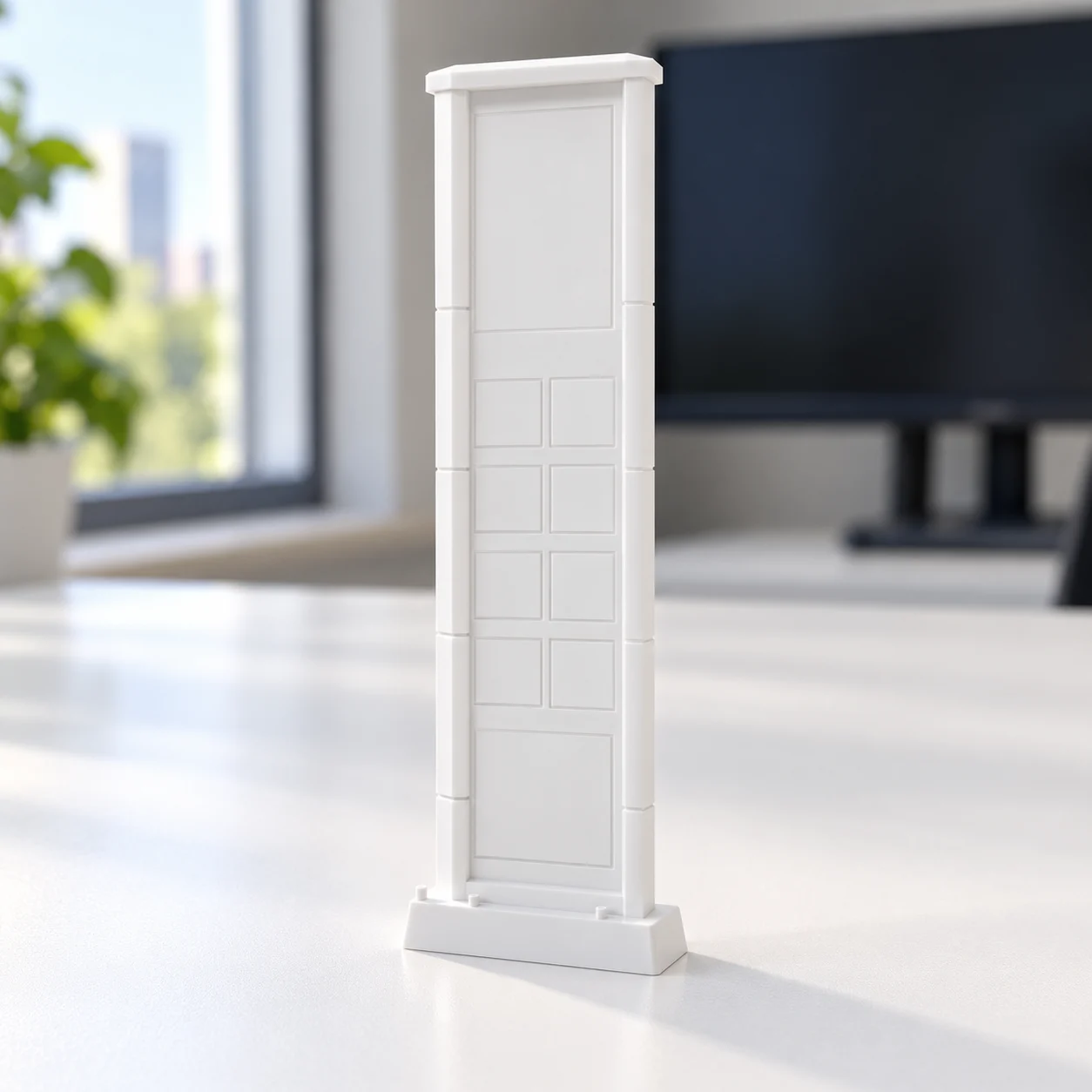 Totem de preços moderno (faces em branco) em PLA branco, sobre a mesa