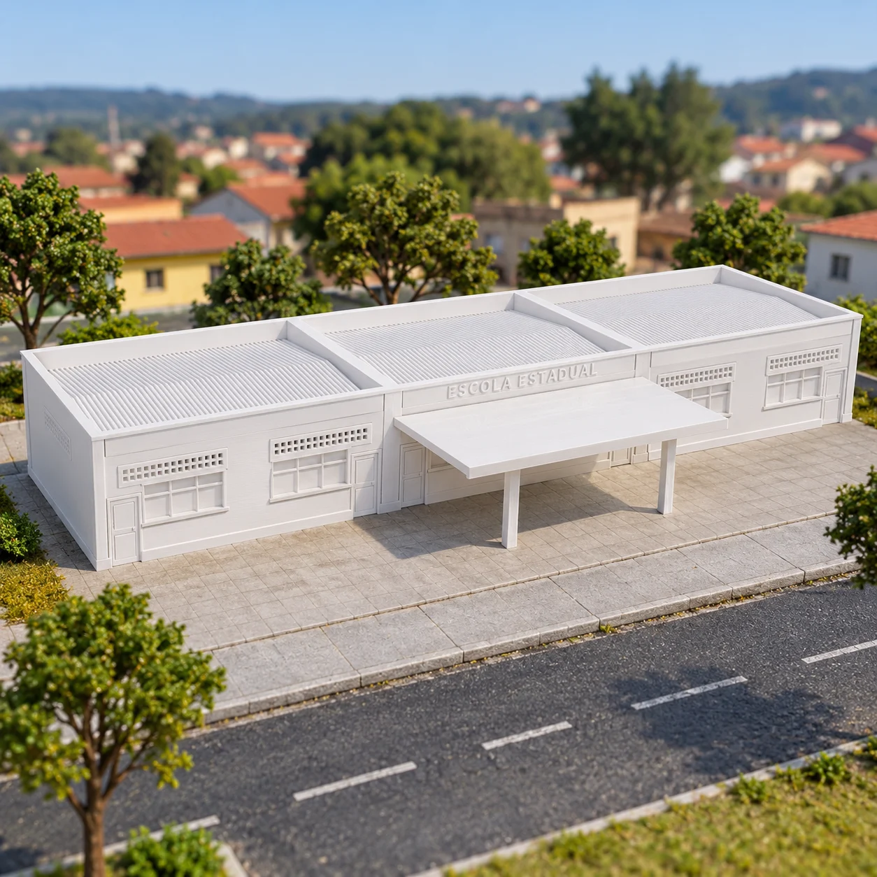 Escola estadual com pátio coberto em PLA branco, num diorama