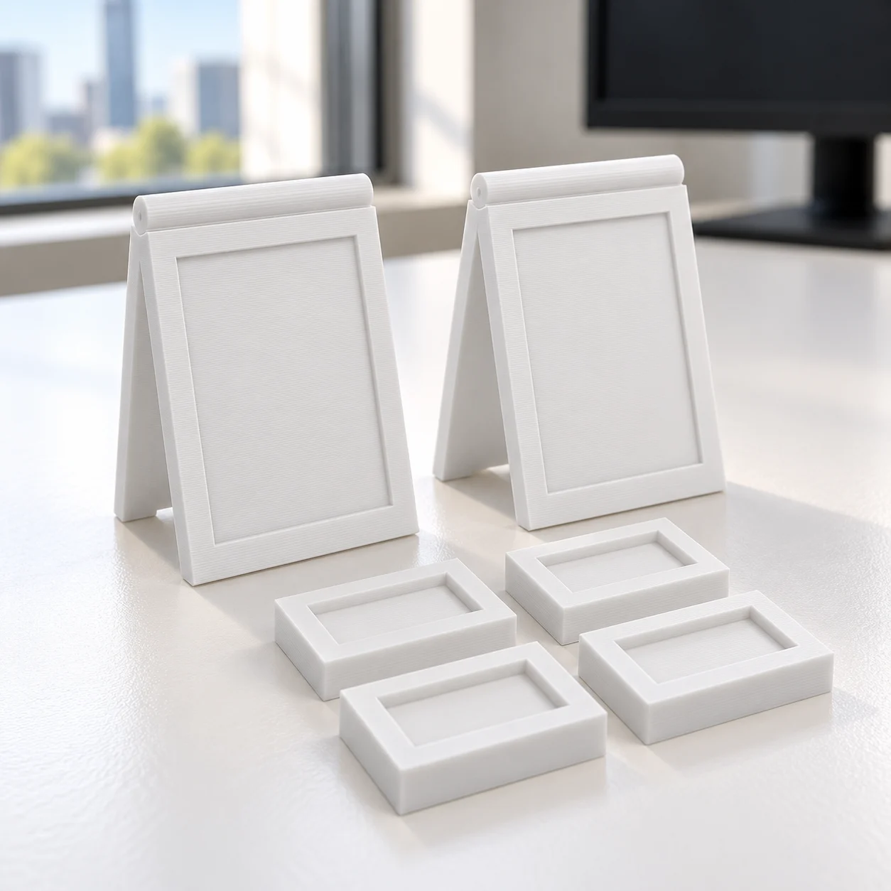 Placas 'OFERTA' e preços de para-brisa (pack) em PLA branco, sobre a mesa