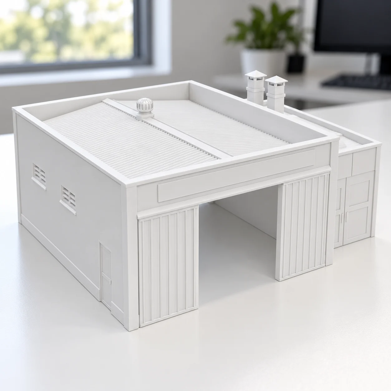 Funilaria e pintura com cabine em PLA branco, sobre a mesa