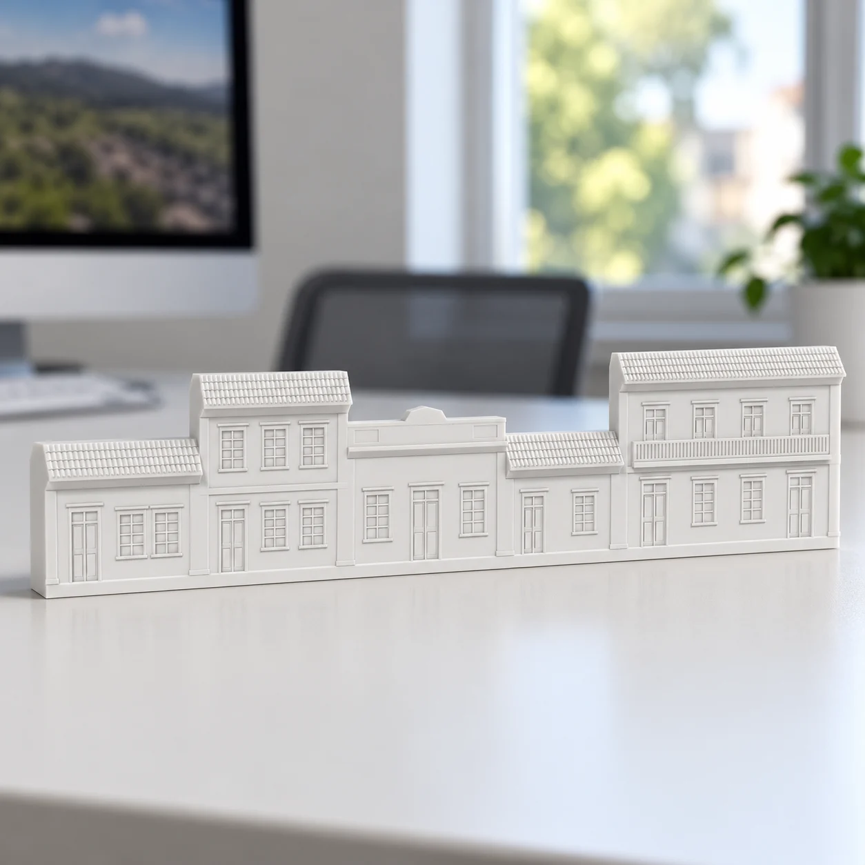 Fachadas coloniais em relevo (5 casas) em PLA branco, sobre a mesa