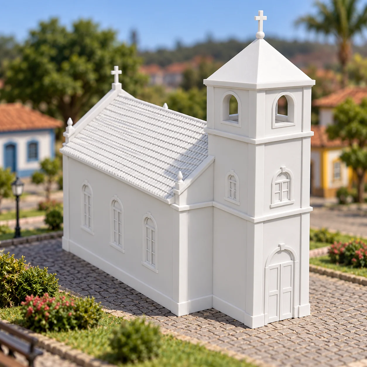 Capela branca de interior (1 torre) em PLA branco, num diorama