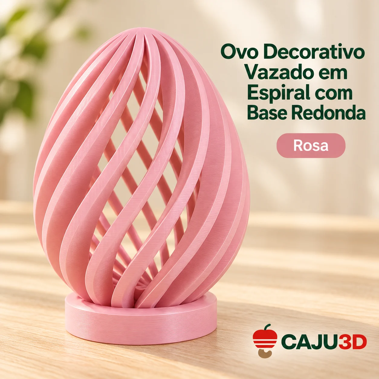 Ovo Decorativo Vazado em Espiral com Base Redonda: foto na cor Rosa (foto ilustrativa criada com IA)