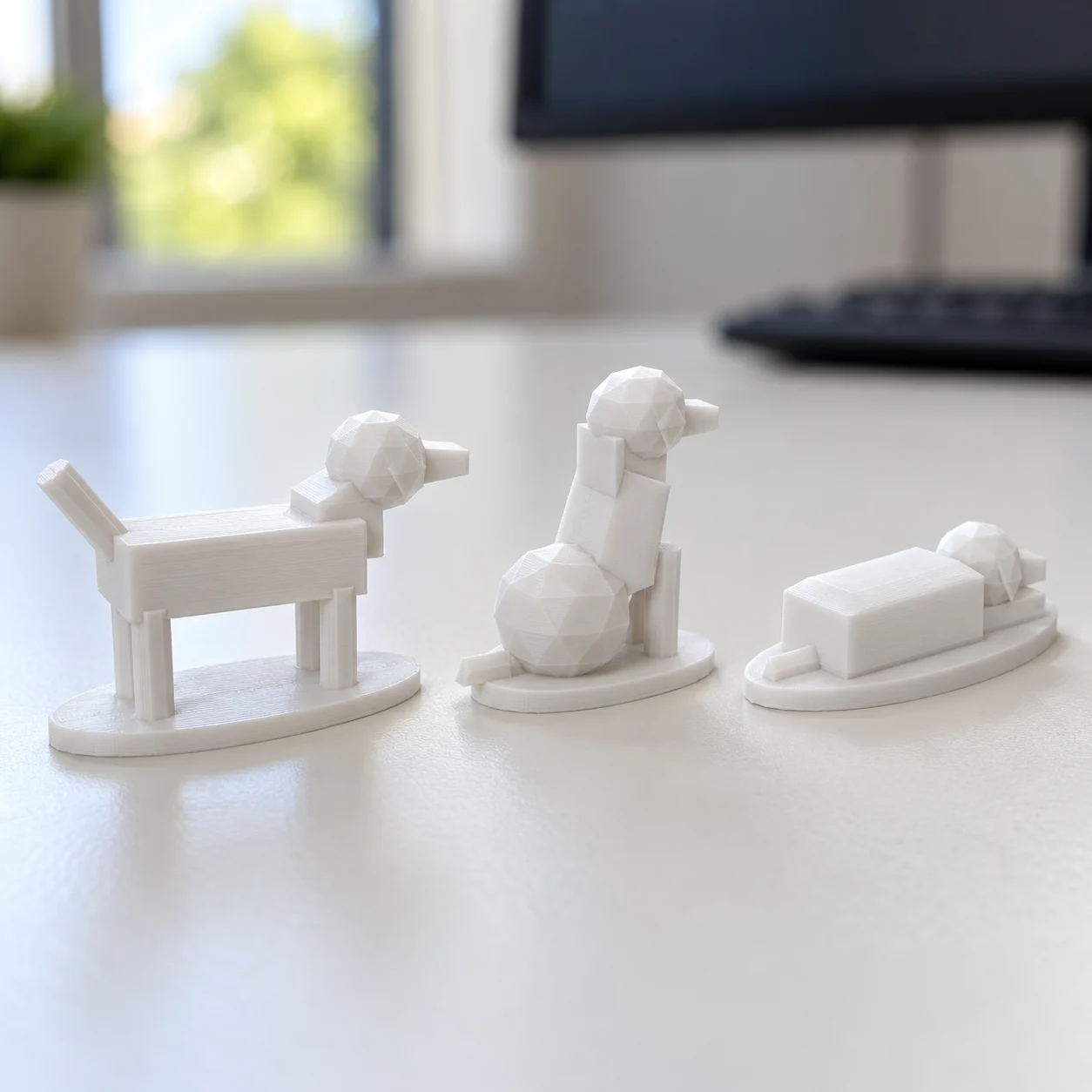 Cachorro vira-lata caramelo (pack de poses) em PLA branco, sobre a mesa