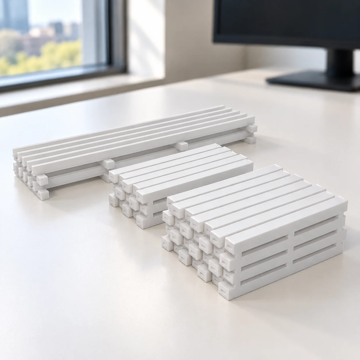 Pilhas de dormentes e trilhos em PLA branco, sobre a mesa