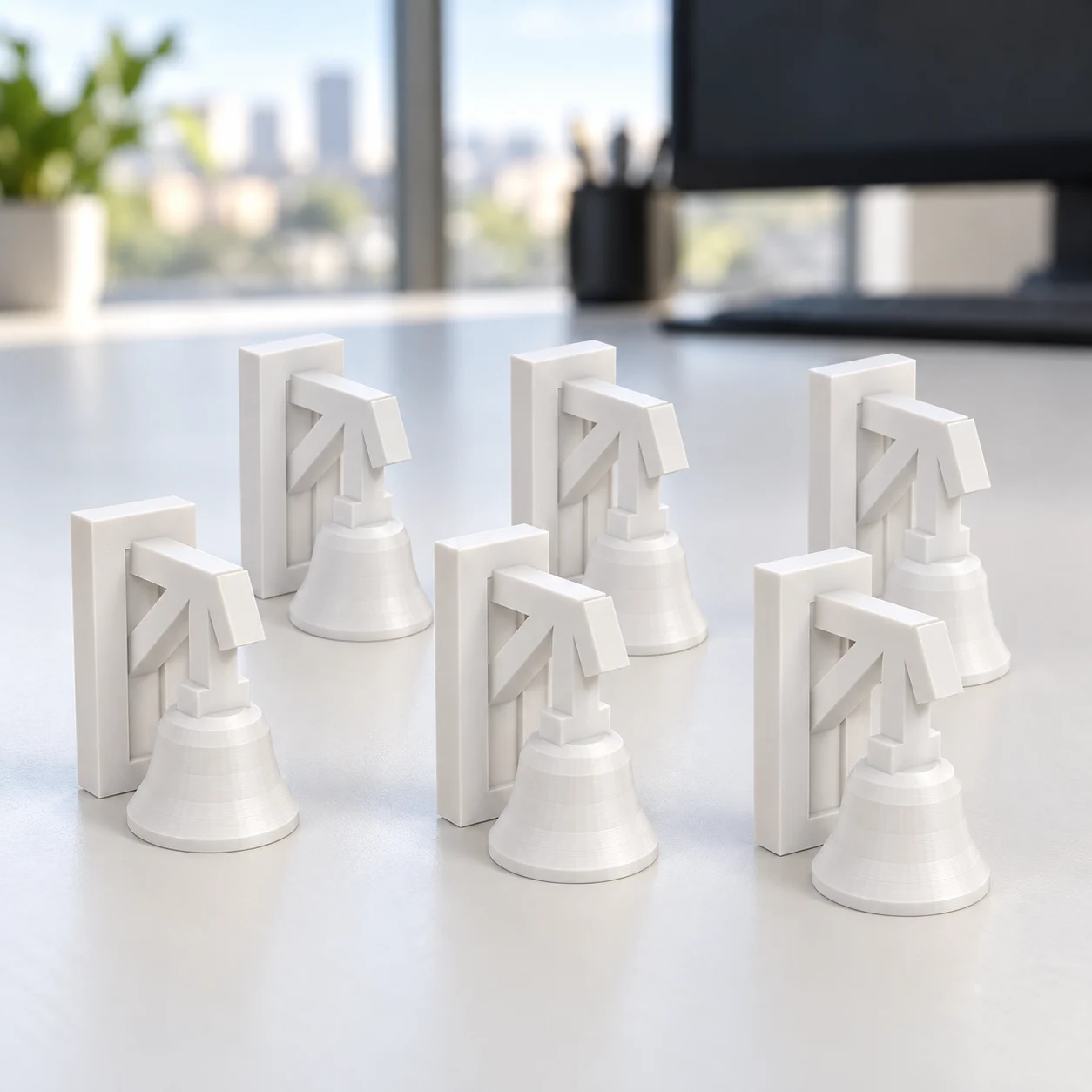 Sino de estação com suporte em PLA branco, sobre a mesa