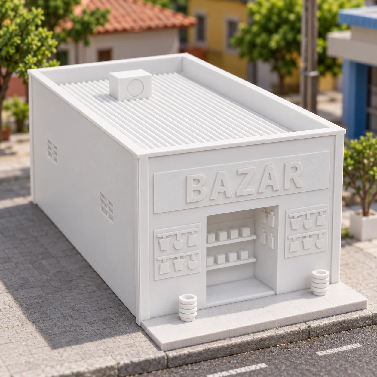 Bazar / loja de variedades em PLA branco, num diorama