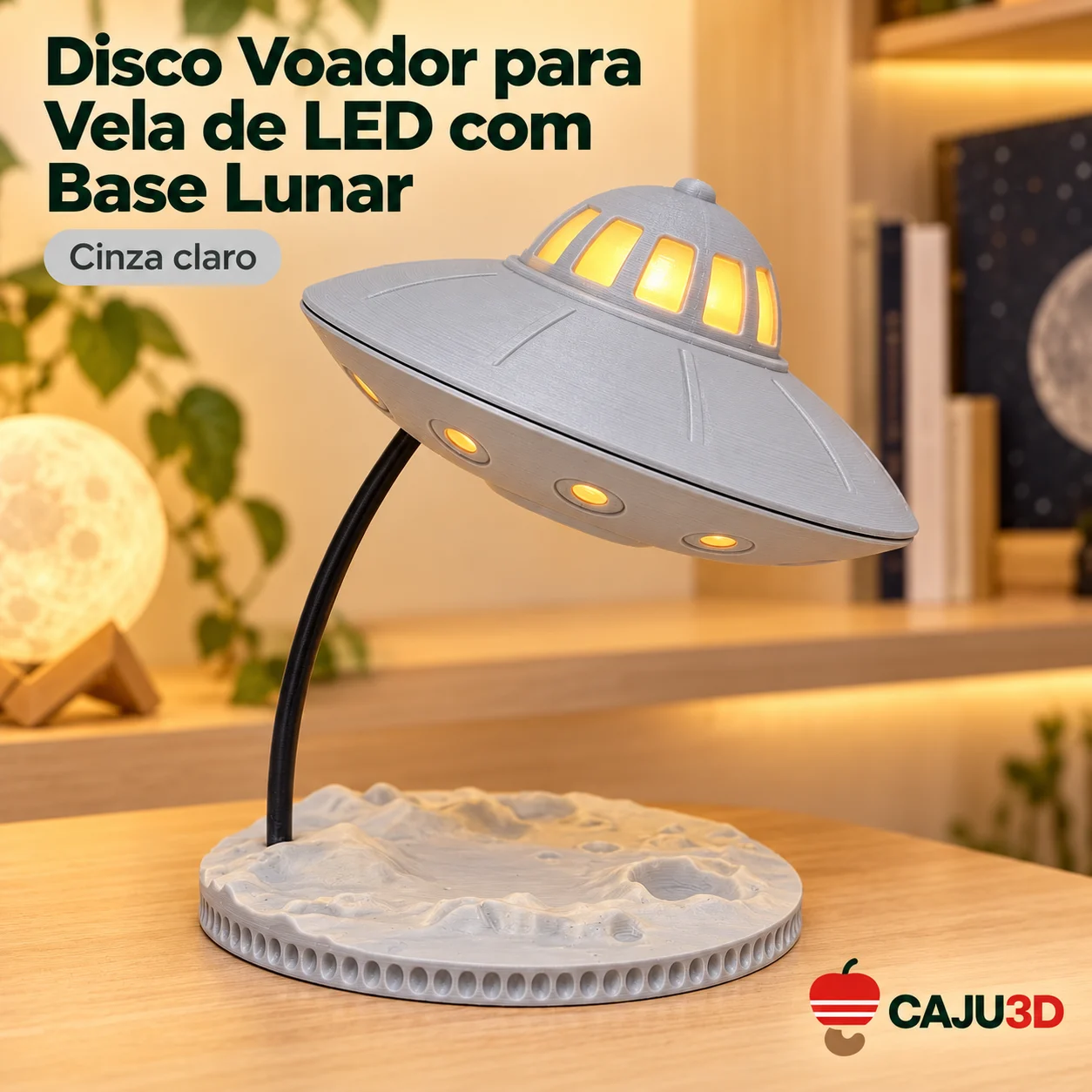 Disco Voador para Vela de LED com Base Lunar: foto na cor Cinza claro (foto ilustrativa criada com IA)