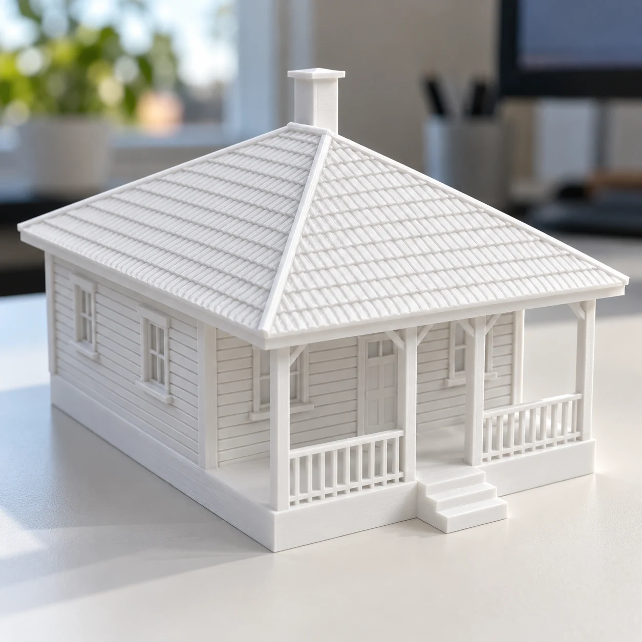Casa de madeira estilo inglês (Paranapiacaba) em PLA branco, sobre a mesa