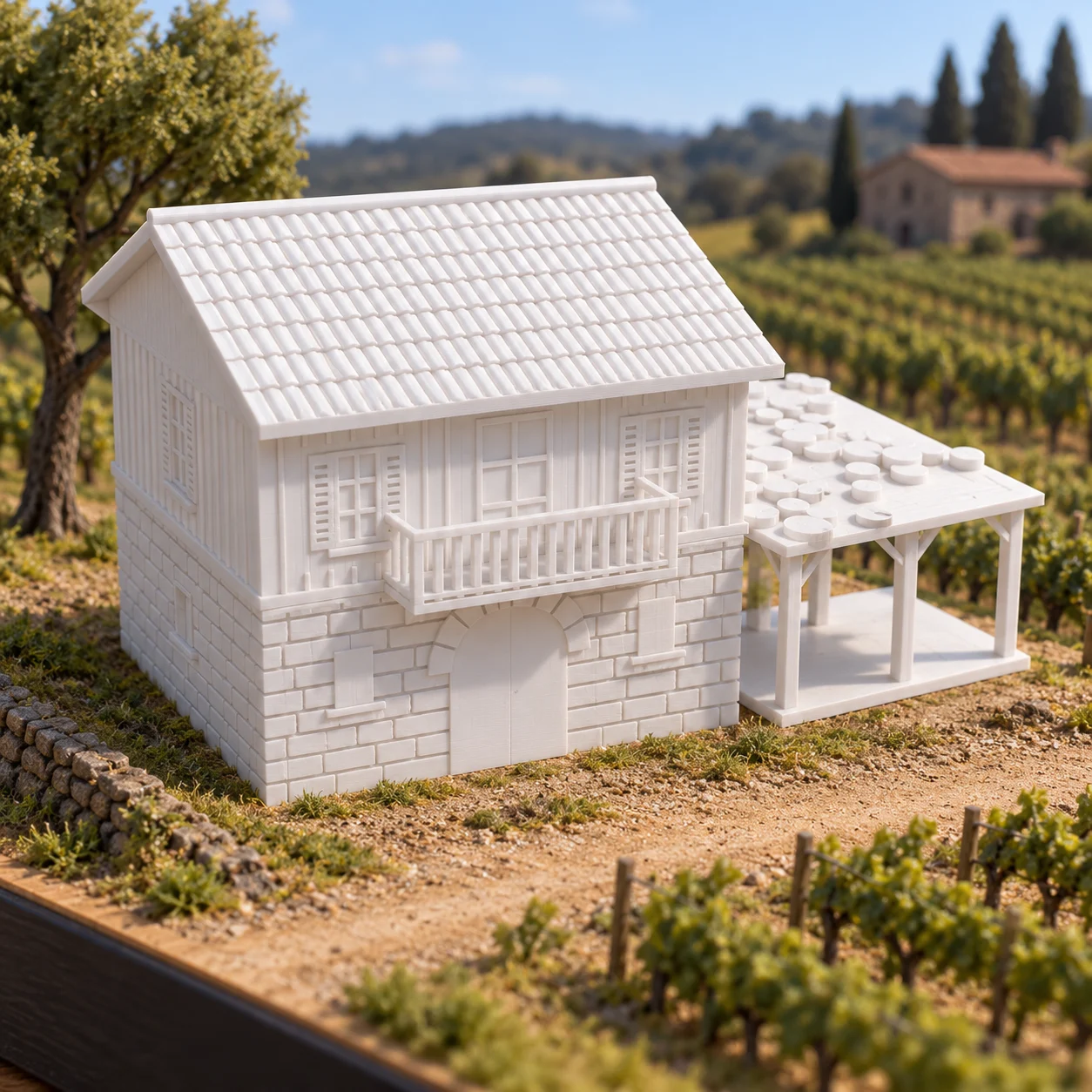 Parreiral e cantina em PLA branco, num diorama