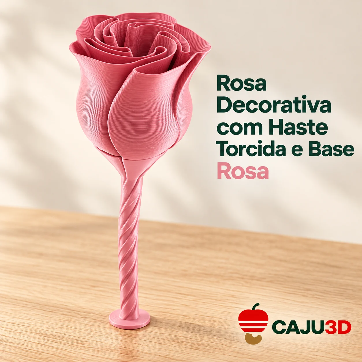 Rosa Decorativa com Haste Torcida e Base: foto na cor Rosa (foto ilustrativa criada com IA)