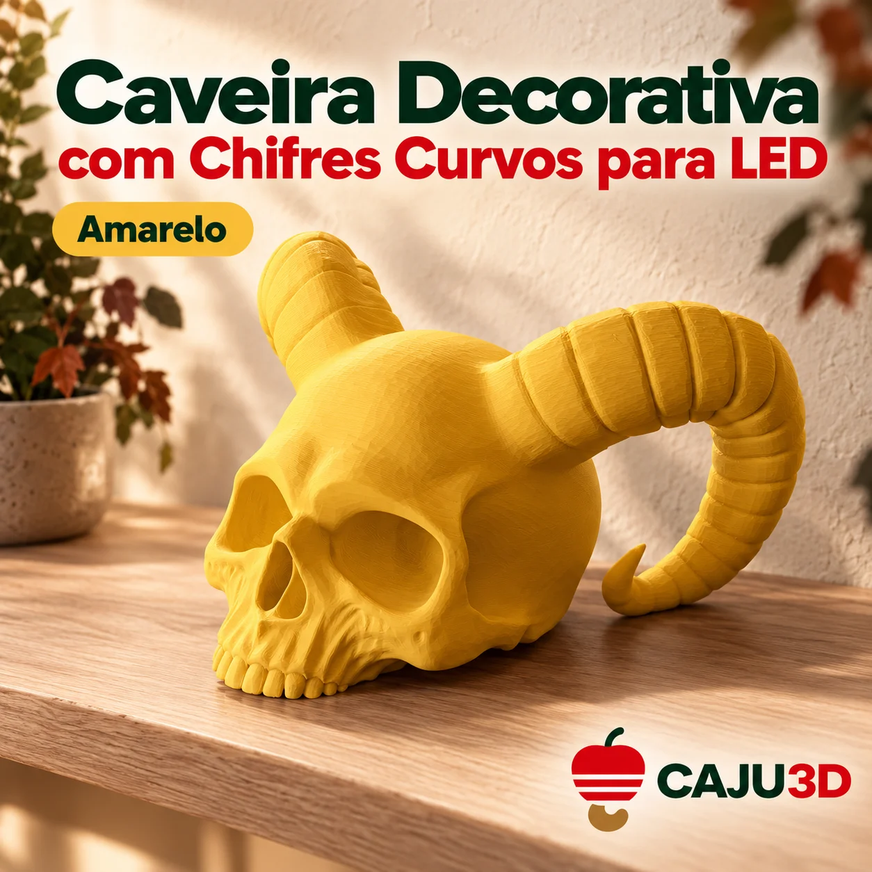 Caveira Decorativa com Chifres Curvos para LED: foto na cor Amarelo (foto ilustrativa criada com IA)
