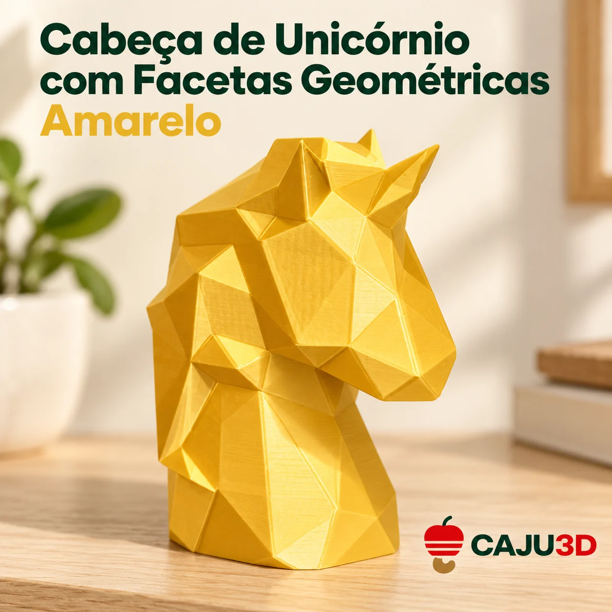 Cabeça de Unicórnio com Facetas Geométricas: foto na cor Amarelo (foto ilustrativa criada com IA)