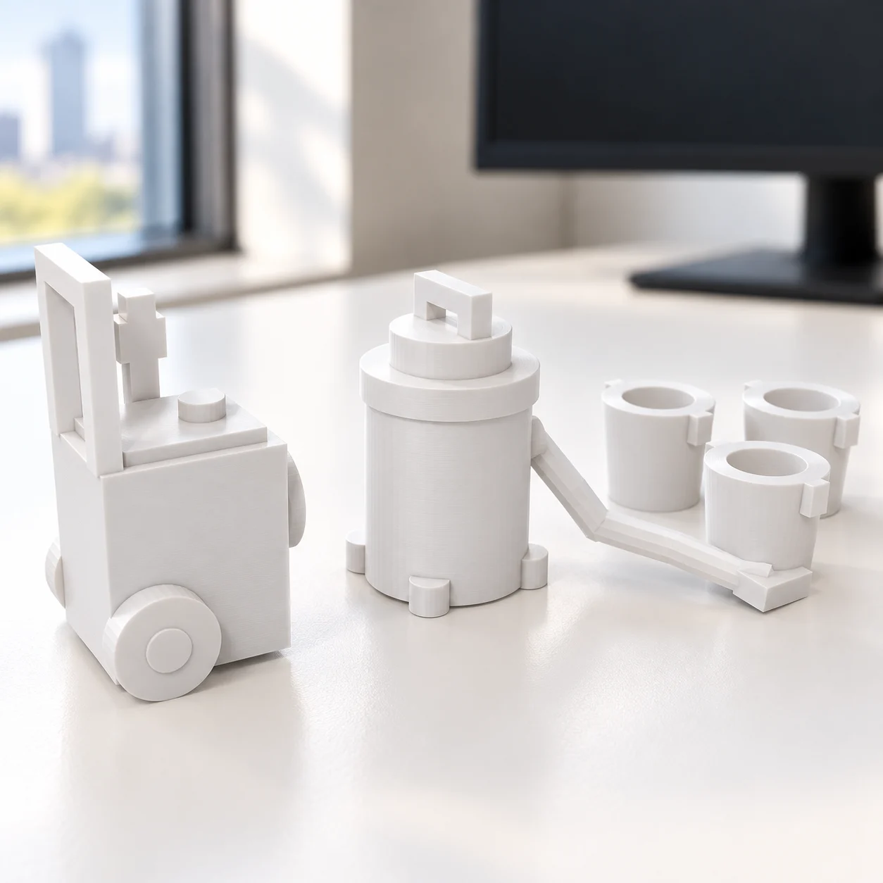 Lavadora de alta pressão, aspirador e baldes (pack) em PLA branco, sobre a mesa