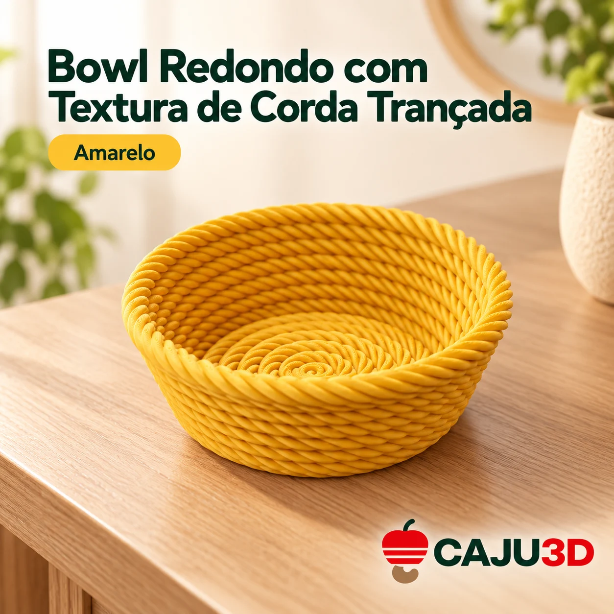 Bowl Redondo com Textura de Corda Trançada: foto na cor Amarelo (foto ilustrativa criada com IA)
