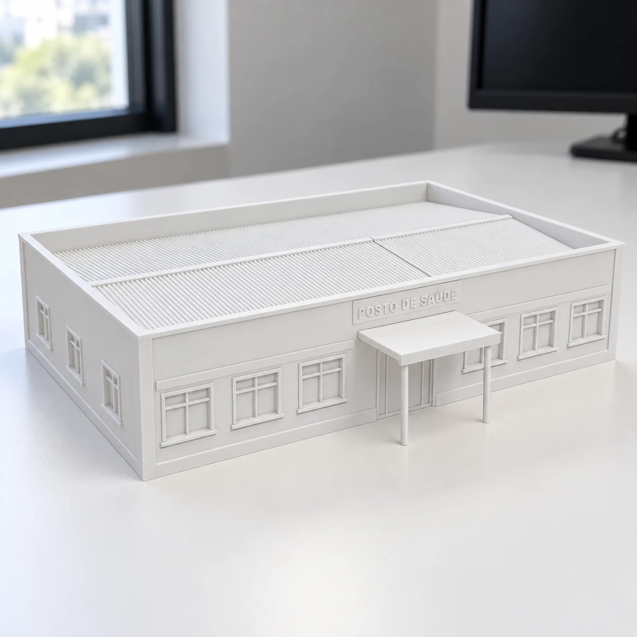 Posto de saúde (UBS) em PLA branco, sobre a mesa