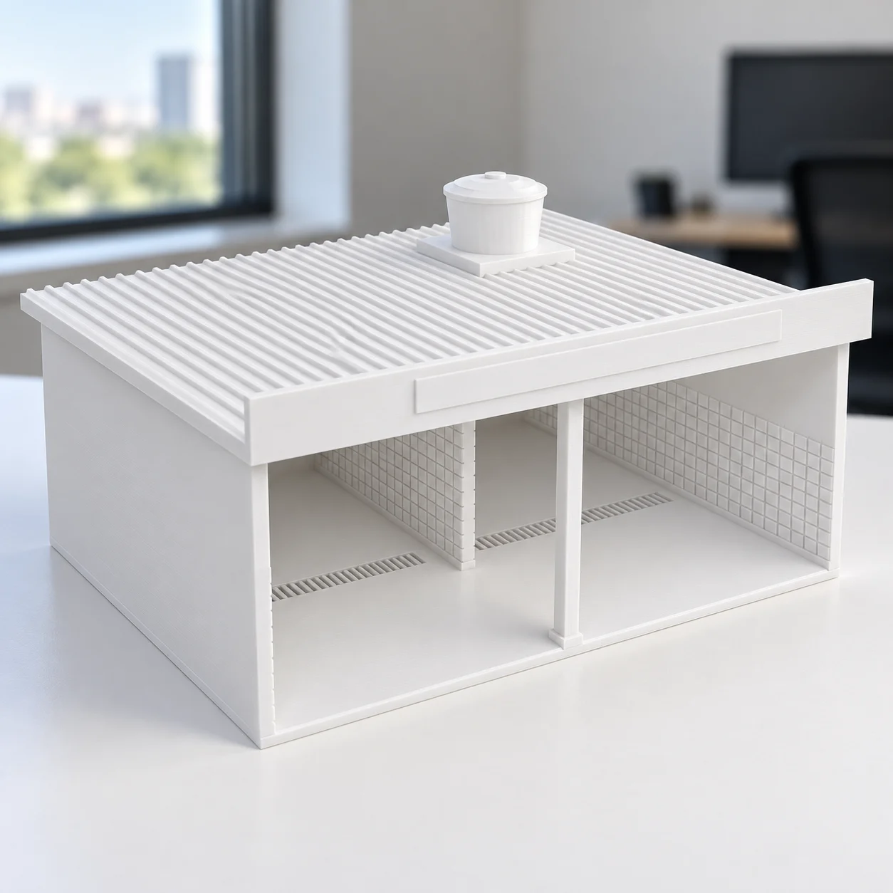 Lava-rápido de bairro (2 boxes) em PLA branco, sobre a mesa