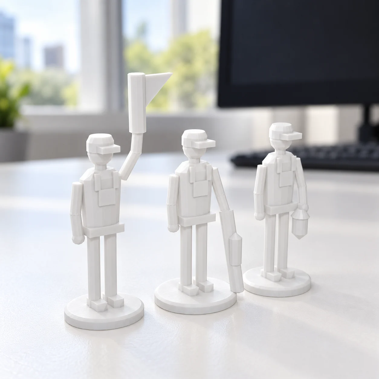 Guarda de cancela com bandeirola (figuras) em PLA branco, sobre a mesa