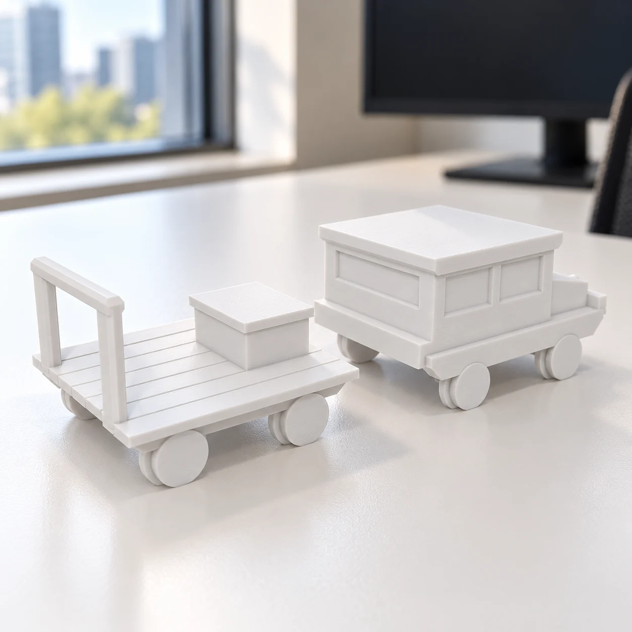 Troller e auto de linha em PLA branco, sobre a mesa