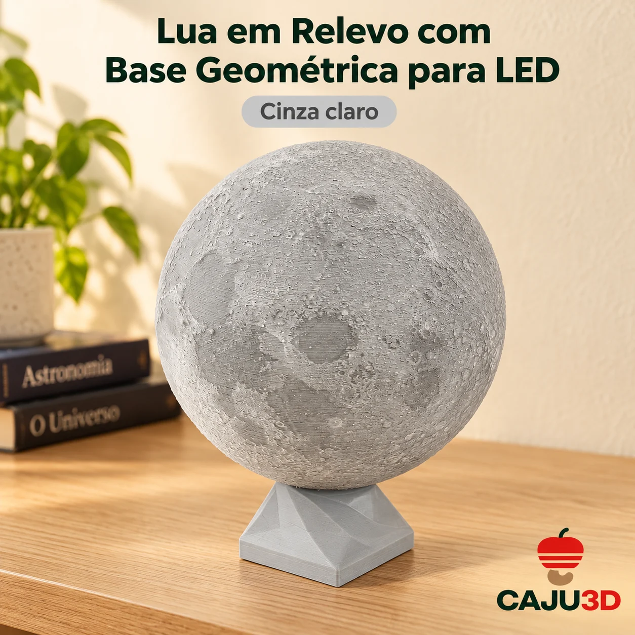 Lua em Relevo com Base Geométrica para LED: foto na cor Cinza claro (foto ilustrativa criada com IA)