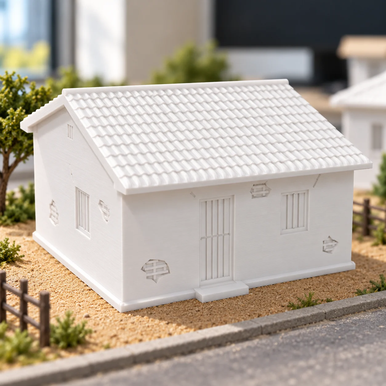 Casa de taipa (pau a pique) em PLA branco, num diorama