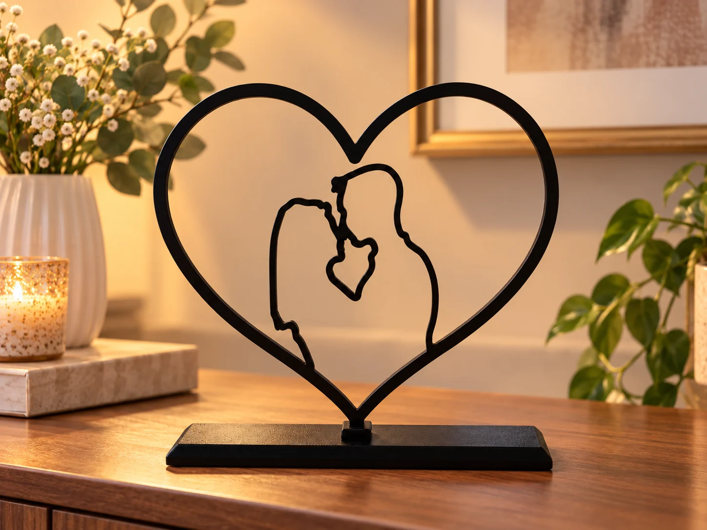 Escultura de coração com casal se beijando para mesa: foto