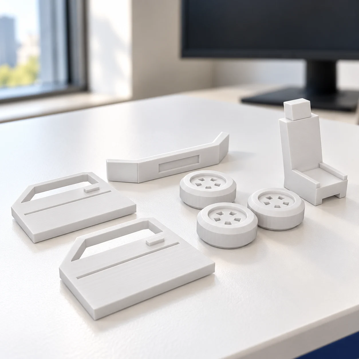 Carcaças e peças (pack) em PLA branco, sobre a mesa