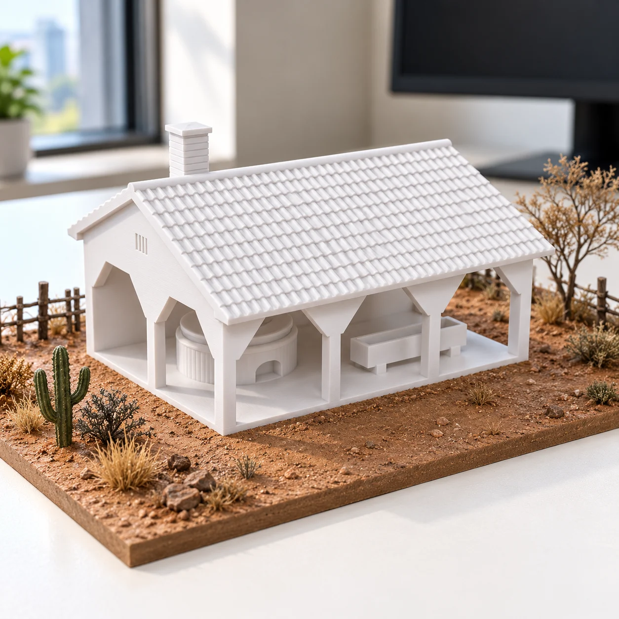 Casa de farinha em PLA branco, num diorama