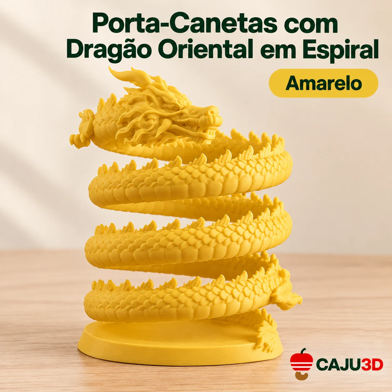 Porta-Canetas com Dragão Oriental em Espiral: foto na cor Amarelo (foto ilustrativa criada com IA)