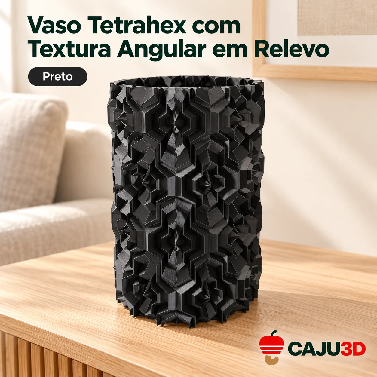 Vaso Tetrahex com Textura Angular em Relevo: foto na cor Preto (foto ilustrativa criada com IA)