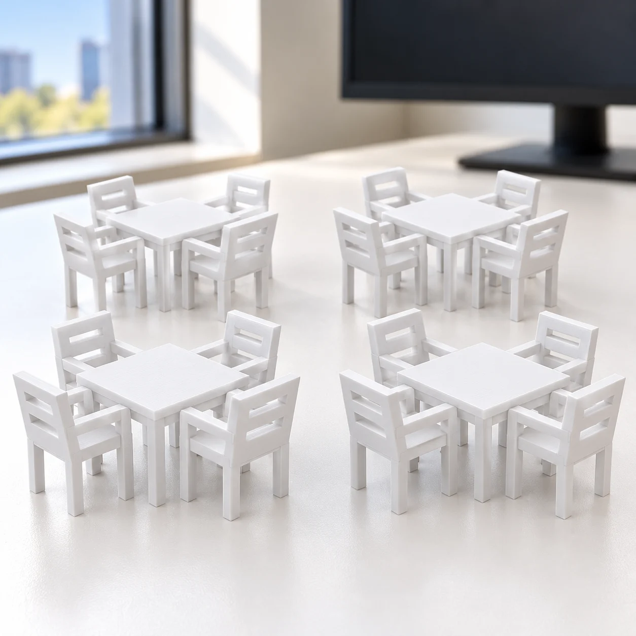 Mesas e cadeiras plásticas brancas (pack) em PLA branco, sobre a mesa