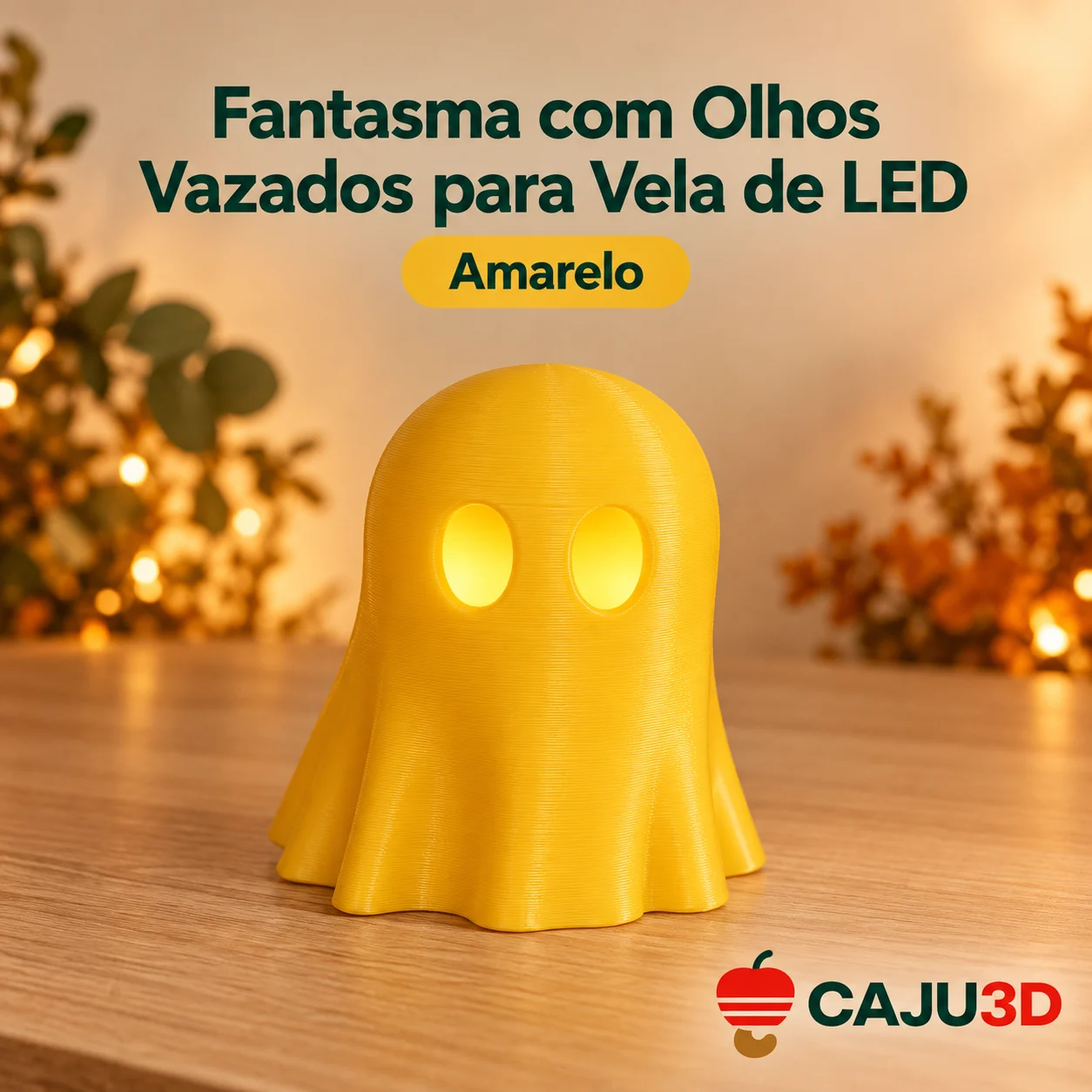 Fantasma com Olhos Vazados para Vela de LED: foto na cor Amarelo (foto ilustrativa criada com IA)