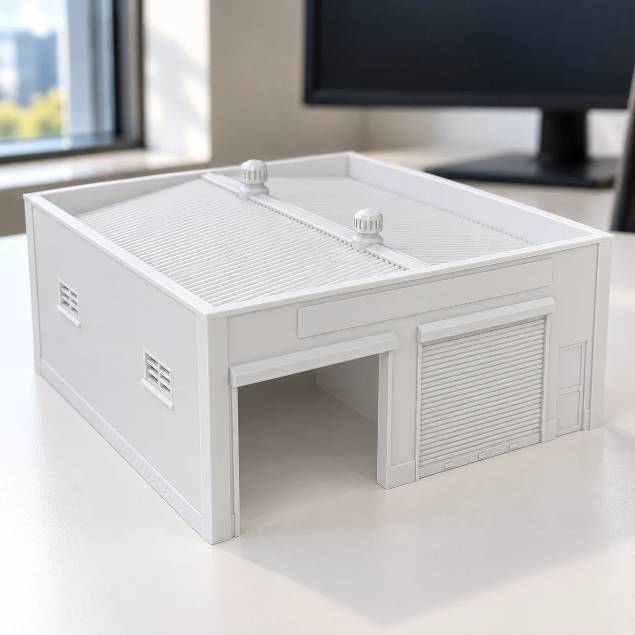 Galpão de oficina mecânica (2 boxes) em PLA branco, sobre a mesa
