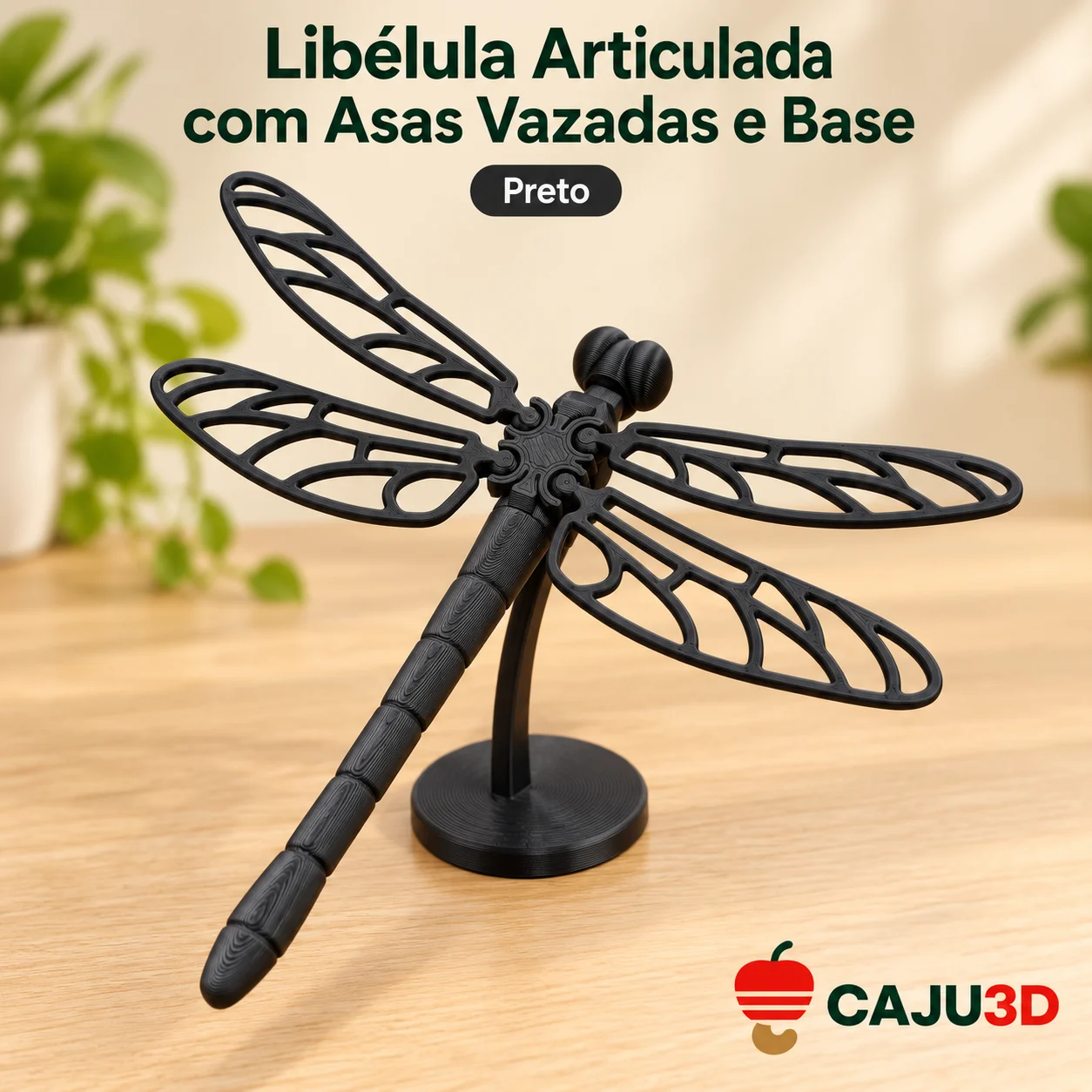 Libélula Articulada com Asas Vazadas e Base: foto na cor Preto (foto ilustrativa criada com IA)