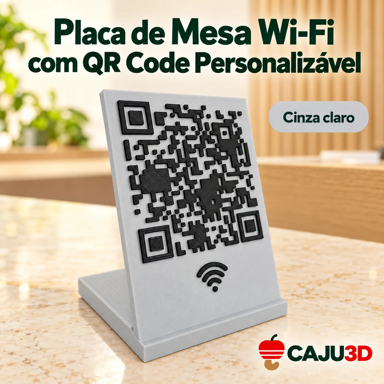 Placa de Mesa Wi-Fi com QR Code Personalizável: foto na cor Cinza claro (foto ilustrativa criada com IA)