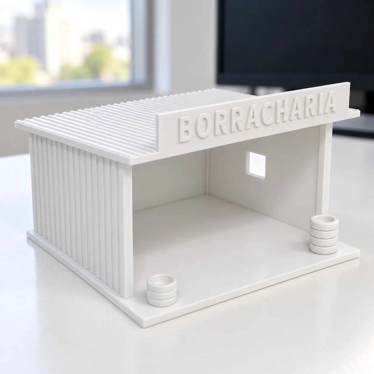 Barracão de borracharia em PLA branco, sobre a mesa