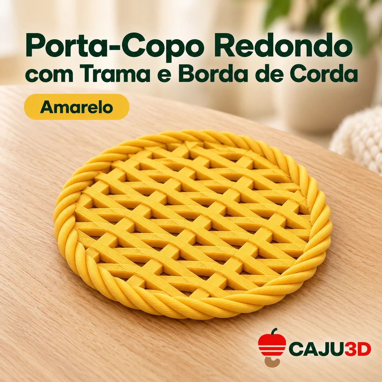 Porta-Copo Redondo com Trama e Borda de Corda: foto na cor Amarelo (foto ilustrativa criada com IA)