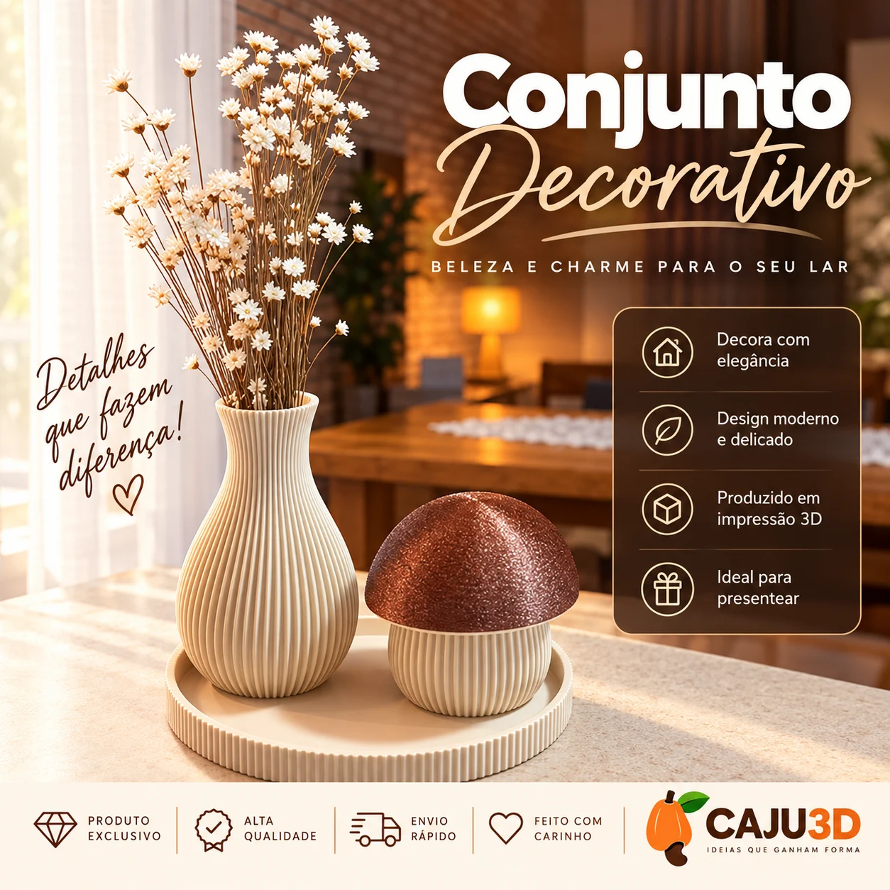 Kit Decorativo Vaso Canelado, Bandeja e Cogumelo Porta-Objetos: foto 2
